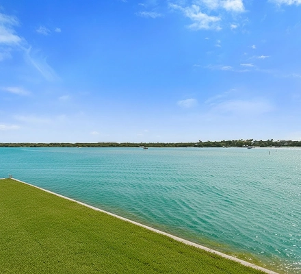 Wide turquoise water view with distant shoreline and boats