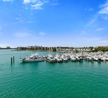 Wide marina basin filled with docked white boats